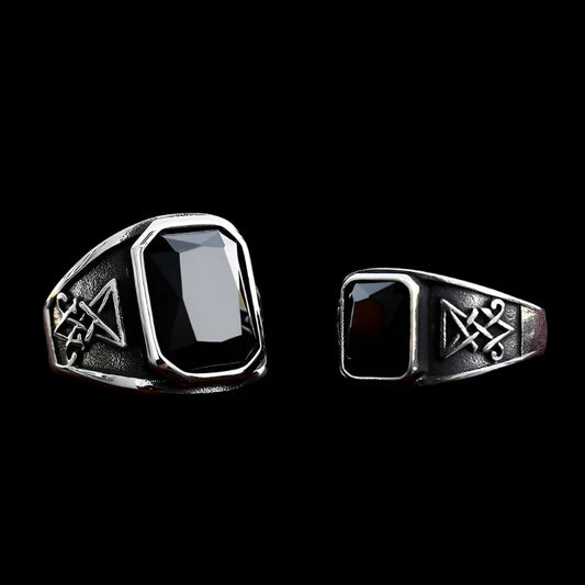 Lucifer's Black Stone Signet Ring - Stainless Steel Men’s Gothic Jewelry