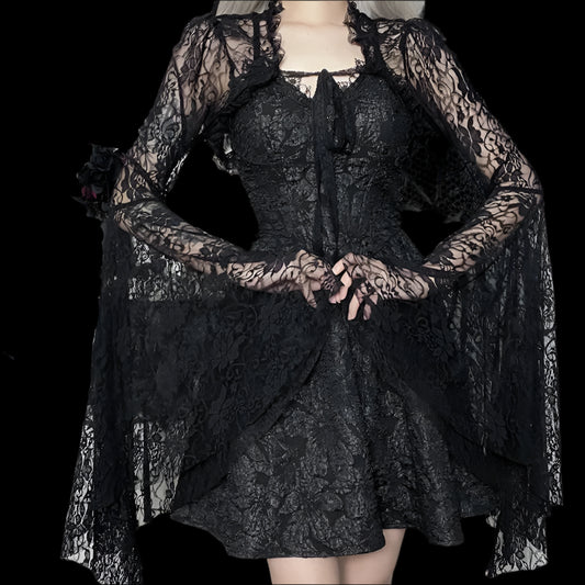 Vintage Gothic Black Lace Top with Flare Sleeves