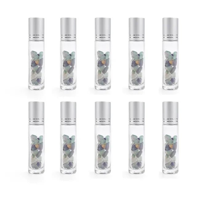 10PCS 10ml Natural Gemstone Essential Oil Roller Bottles - Crystal Chip Perfume