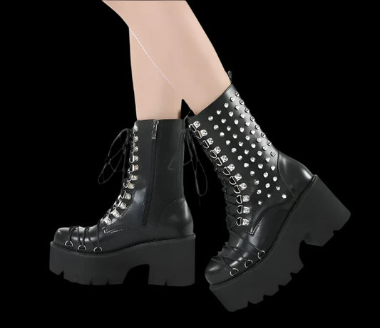 Gothic Rivet Mid-Calf Platform Boots - Punk Rock Motorcycle Boots with Square Heels