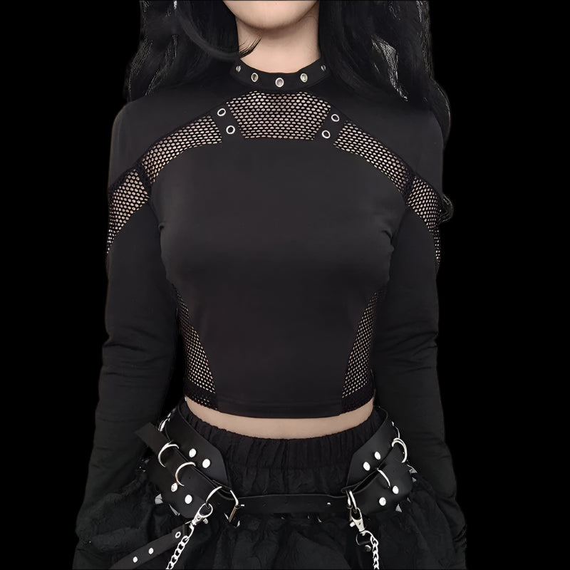 Goth Dark Techwear Fishnet Patch Crop Top